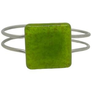 Green Glass Cuff Bracelet with Silver Tone Wire Design